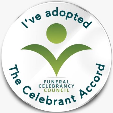 I’ve adopted the Celebrant Accord Logo in a white oblong with a green V and a green circle above, writing saying Funeral Celebrancy Council 